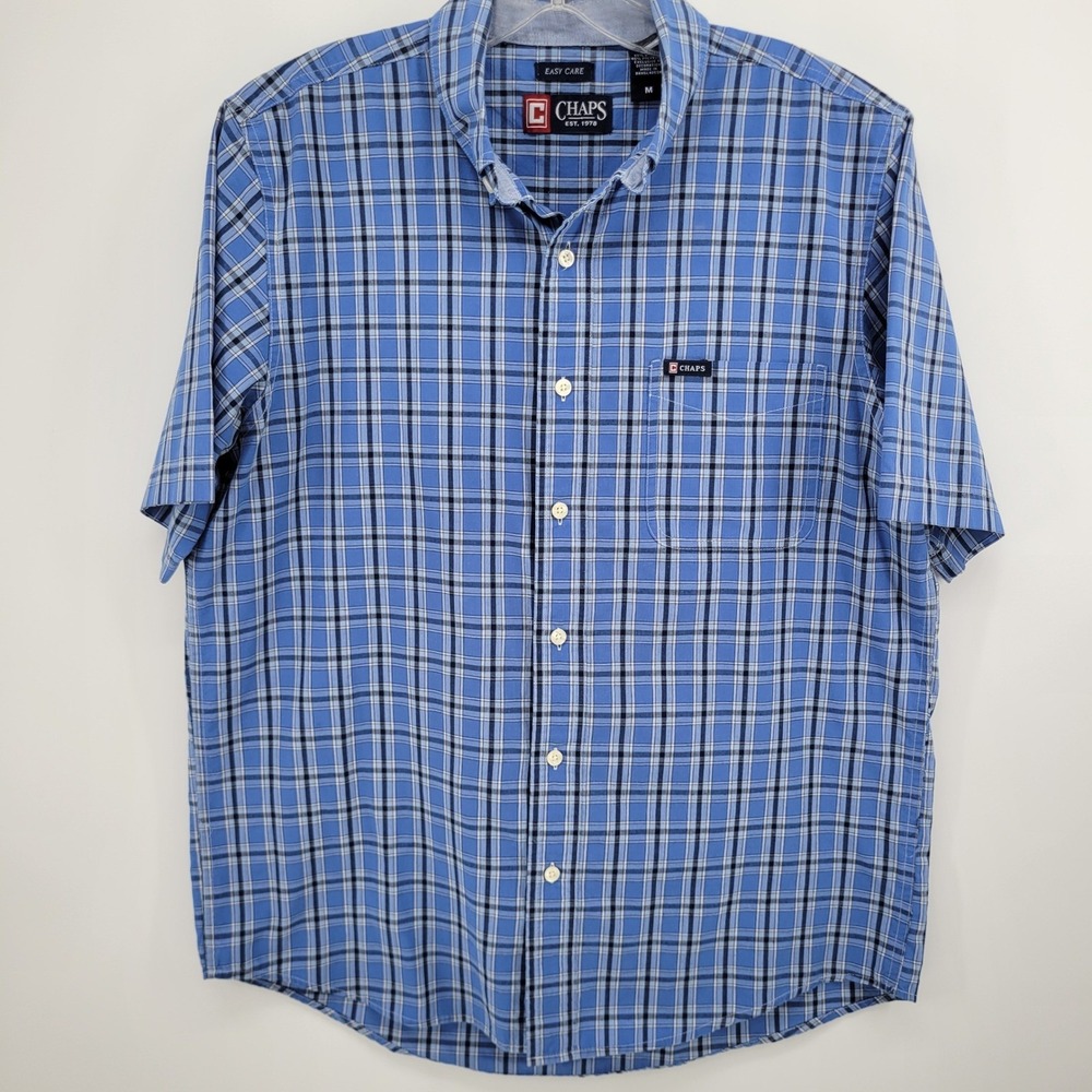 Chaps Mens Blue Plaid Short Sleeve Easy Care Button Down Shirt Size M
